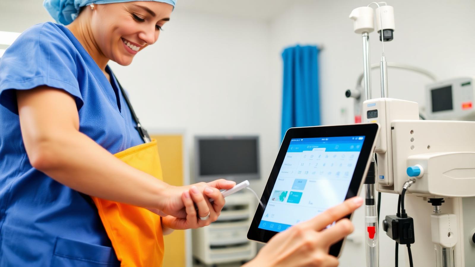 Nurse locating a critical IV pump on a tablet with a Trackerwave BLE asset tag attached to the equipment