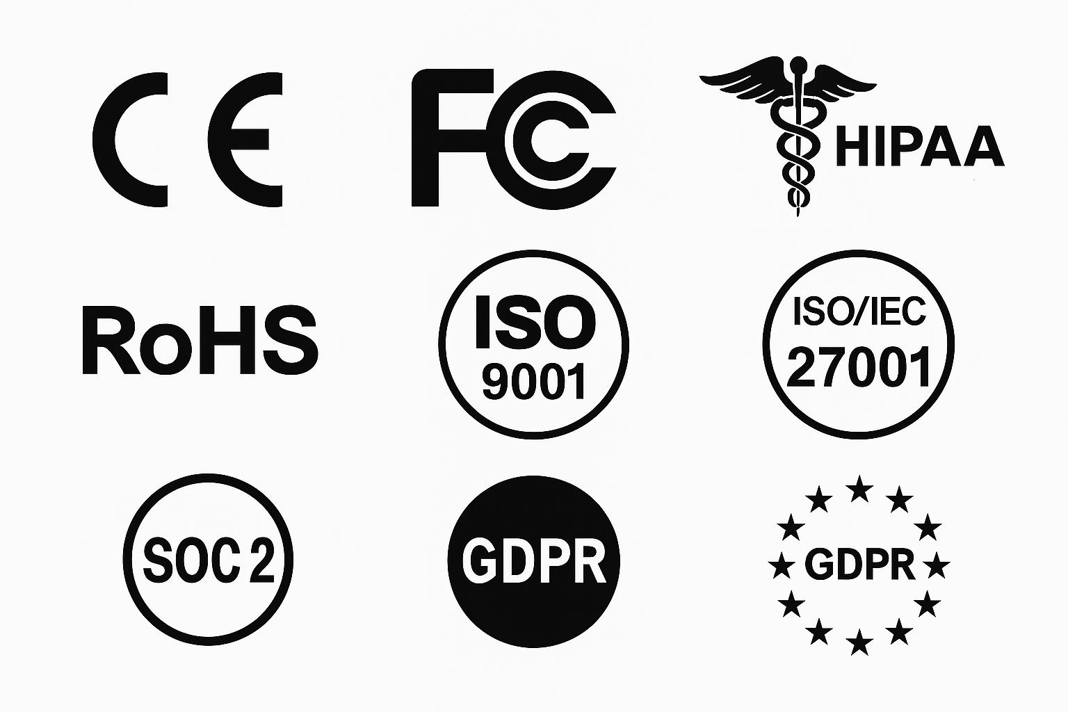Trackerwave certifications: CE, FCC, RoHS, ISO 9001, ISO 27001, SOC2, HIPAA