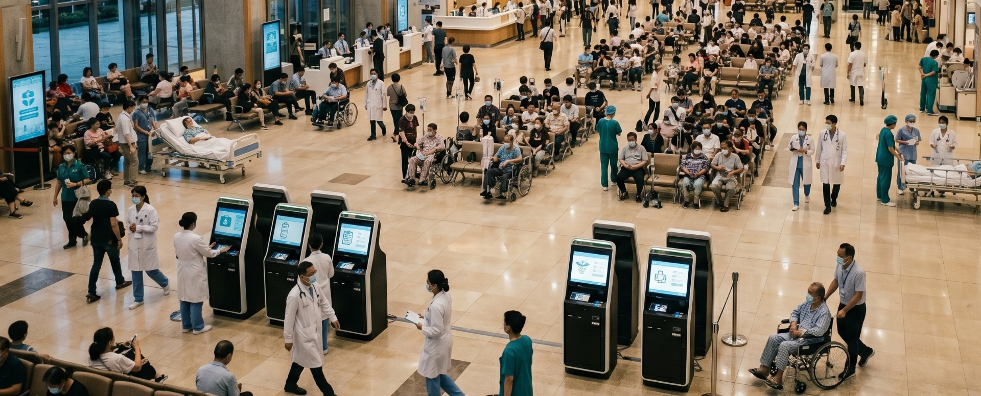 Busy hospital lobby with patients using self-service check-in kiosks