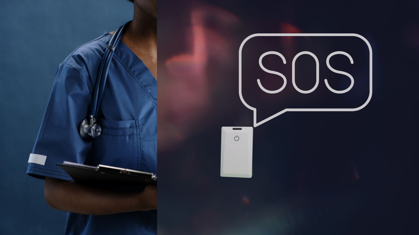 Hospital nurse discreetly pressing the SOS button on her Trackerwave Smart ID Card, triggering an immediate alert on a security dashboard