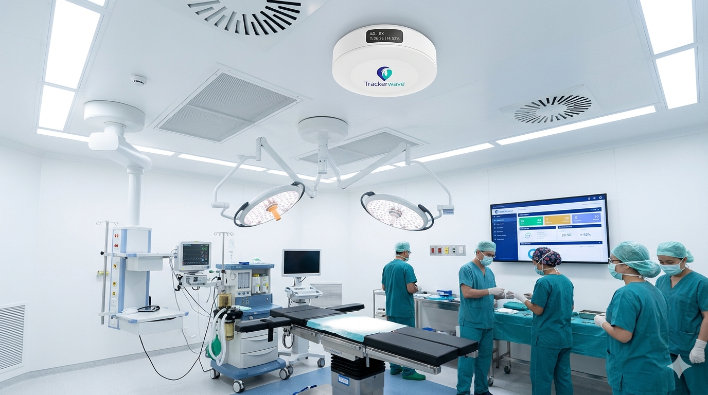 Operation Theatre with a Trackerwave multi-spectrum IoT gateway on the ceiling monitoring air quality, temperature and humidity
