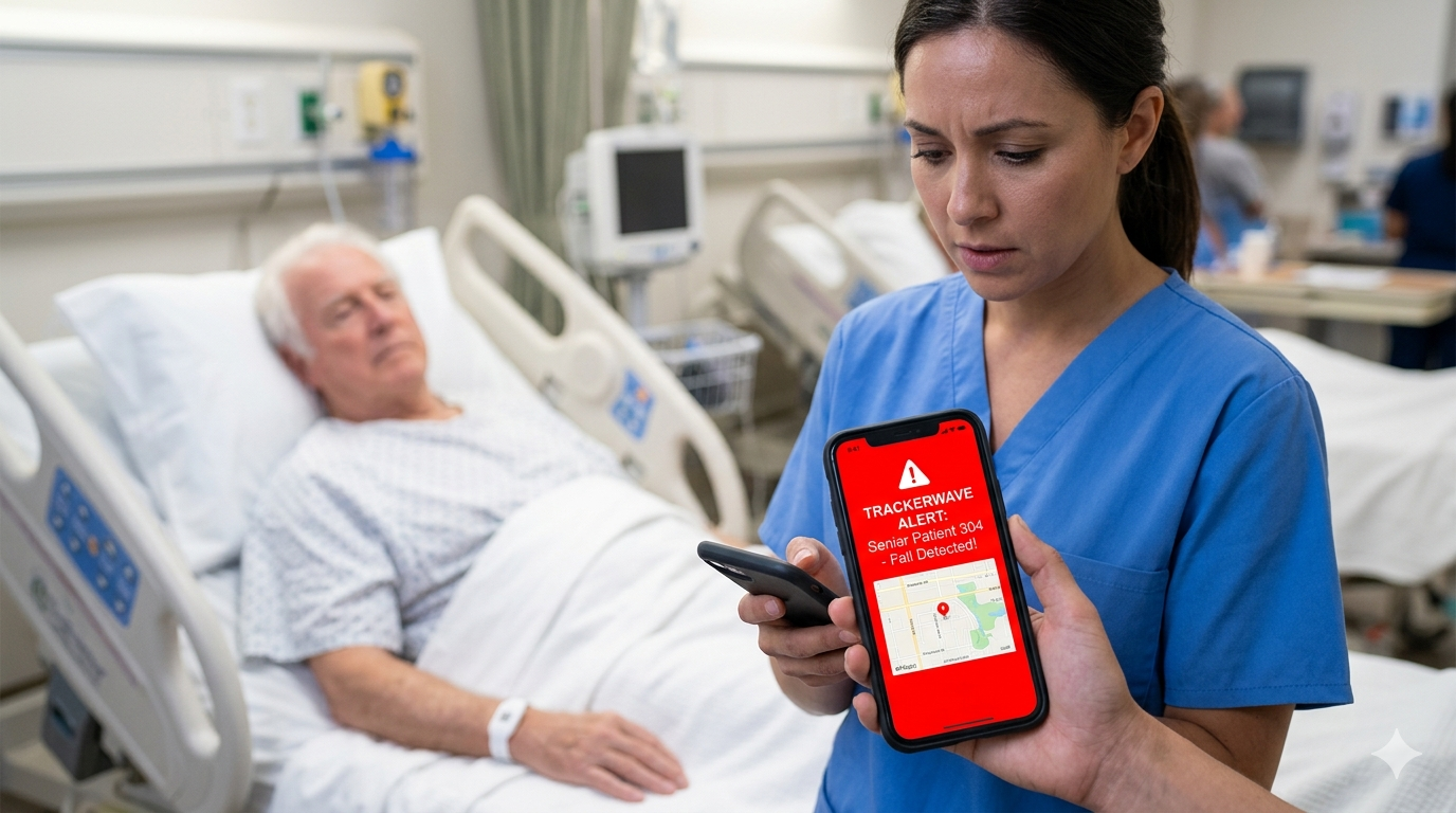 Trackerwave Patient Safety Dashboard showing a live Fall Detected alert and geofenced safe zones for wander management