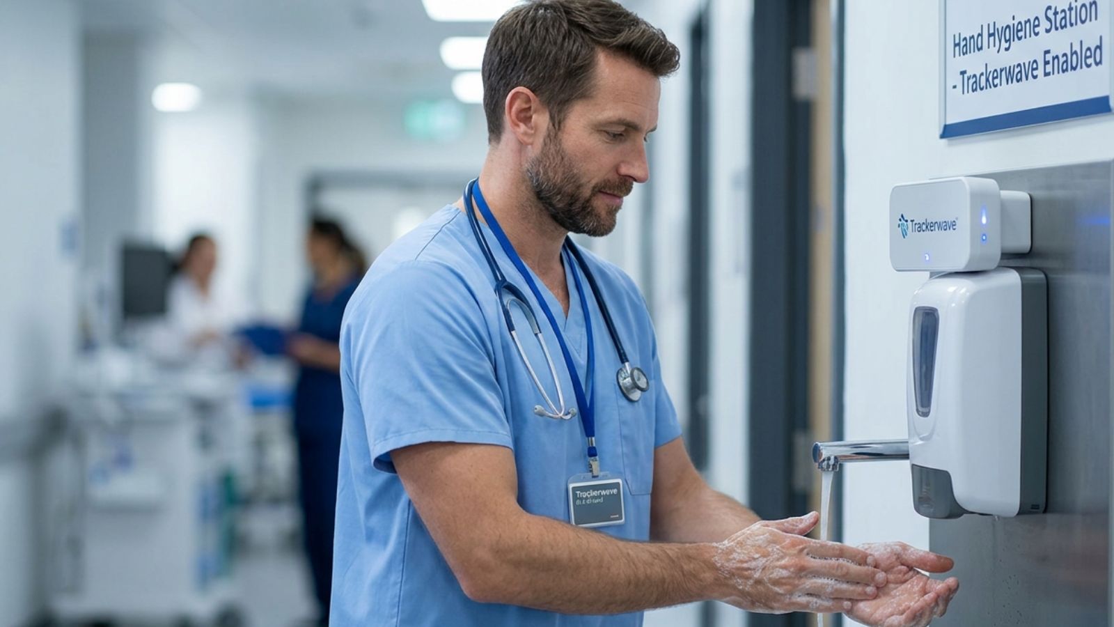 Doctor wearing a Trackerwave BLE ID card washing hands at a sanitisation station with a Trackerwave sensor on the soap dispenser