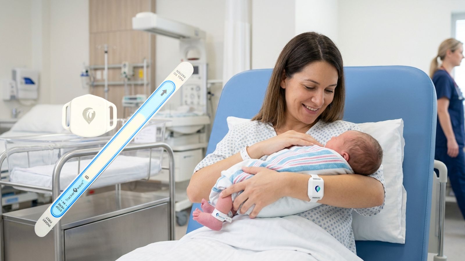 Trackerwave Infant Safety architecture diagram highlighting mother-baby pairing, continuous temperature monitoring, tamper detection and geofenced lockdown