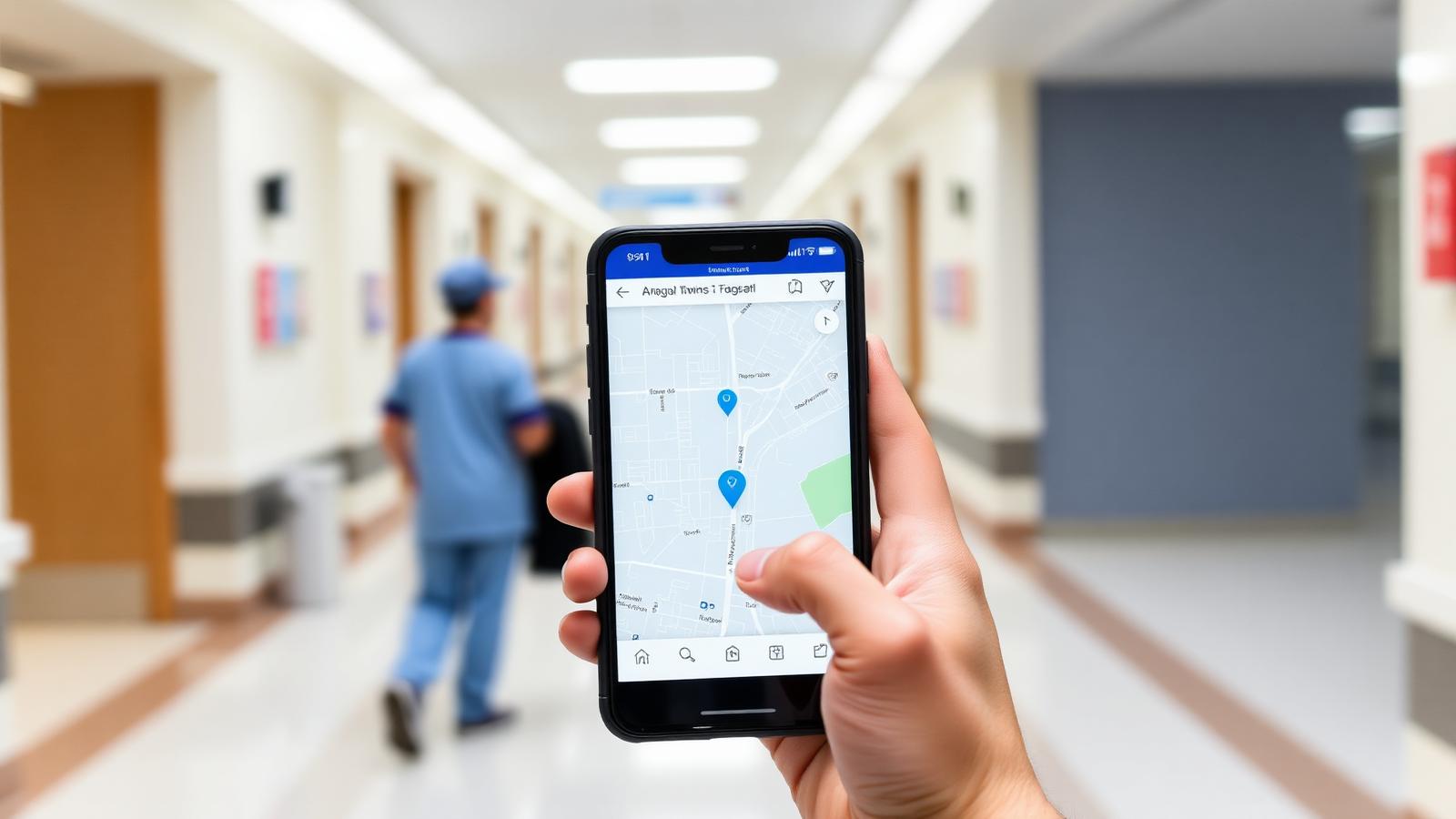 Hospital visitor following a blue navigation dot on a smartphone digital-twin map