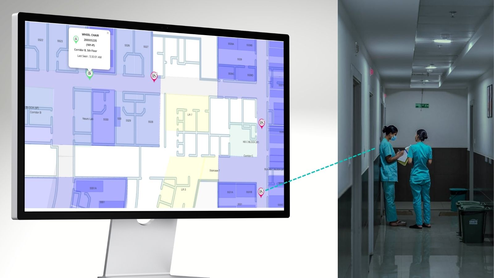 Trackerwave Staff Tracking Dashboard showing live staff locations, active janitorial and supervisor routines and real-time attendance data