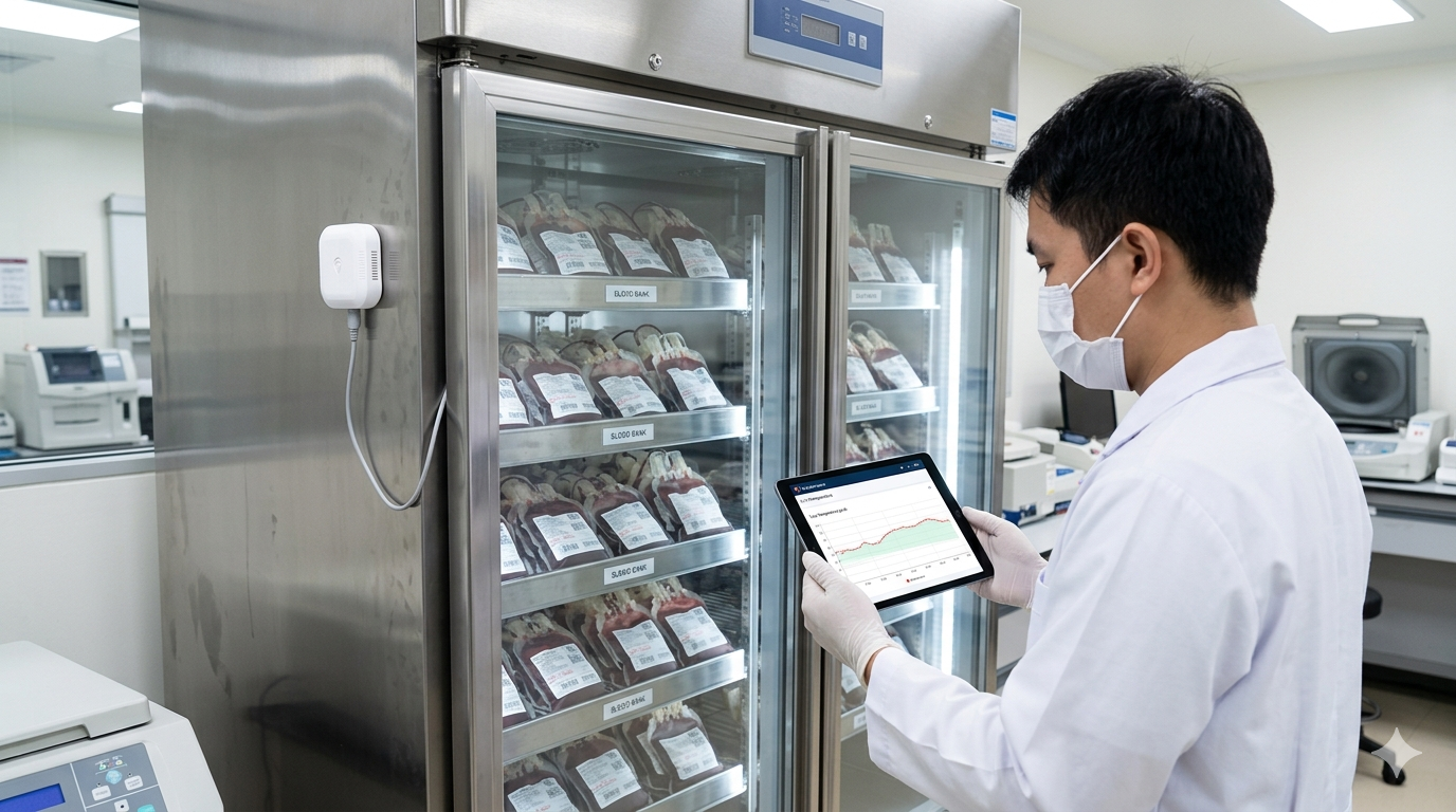 Hospital blood bank refrigerator fitted with a Trackerwave M3 Probe sensor while a lab technician views a live temperature graph on a tablet